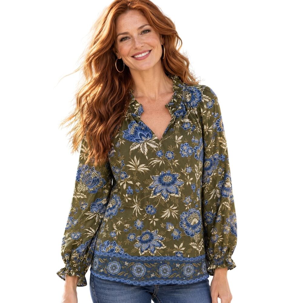 Talbots Starlight Floral Top Womens XL Olive Blue Smocked Sleeve Ruffle Blouse